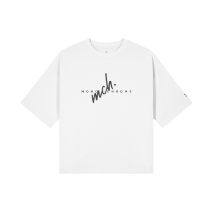 White T-shirt with a centered black Monochrome logo on the chest.