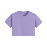 Lavender cropped t-shirt with short sleeves and a round neckline, small black logo on the right sleeve
