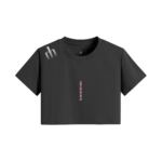 Black cropped T-shirt with a thin pink vertical wordmark centered on the chest and a silvery logo on the left shoulder.