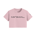 Pink cropped t-shirt with a black 'MINIMAL' logo across the chest.