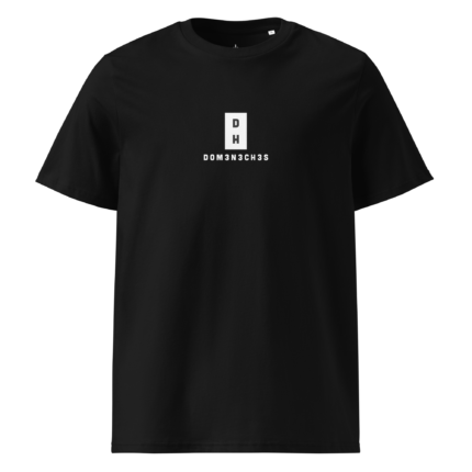 Black T-shirt featuring a white vertical logo (D over H) in a rectangle, with the text DOM3N3CH3S beneath.