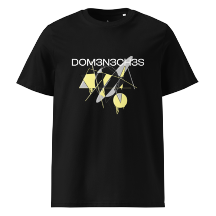 Black t-shirt featuring a geometric yellow/gray abstract design with the white text DOM3N3CH3S across the chest, center image focus.