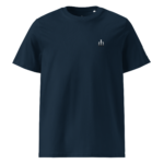 Navy T-shirt with small metallic 'dh' logo on the left chest.