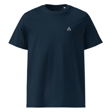 Navy T-shirt with small metallic 'dh' logo on the left chest.