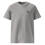 Grey crew-neck T-shirt with a small black 'dh' logo on the left chest