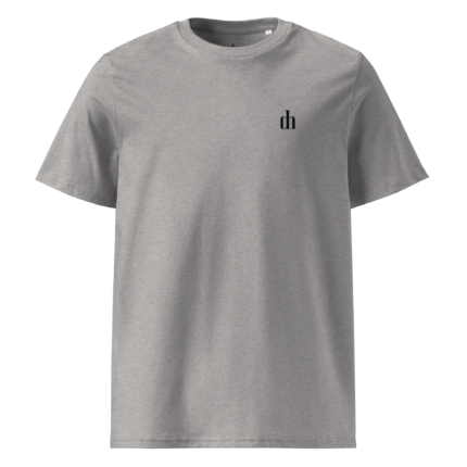 Grey crew-neck T-shirt with a small black 'dh' logo on the left chest