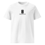 White T-shirt featuring a centered black vertical logo with the letters DH, and the text DOM3N3CH3S below.