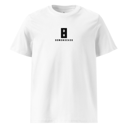 White T-shirt featuring a centered black vertical logo with the letters DH, and the text DOM3N3CH3S below.