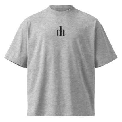 Grey crewneck sweatshirt with a small black 'dh' monogram on the chest.