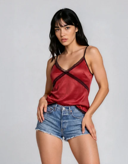 Woman wearing a red satin camisole with black trim and denim shorts, posing against a gray background.