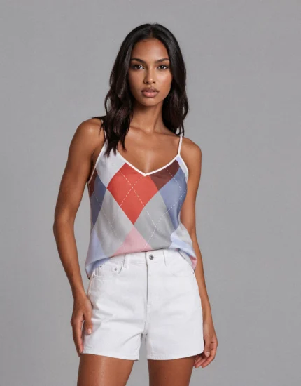 Woman wearing a pastel argyle tank top and white shorts, standing against a gray studio backdrop.