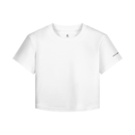 Plain white short-sleeve T-shirt with crew neck and a small text on the left sleeve (minimal design).