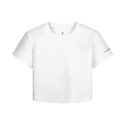 Plain white short-sleeve T-shirt with crew neck and a small text on the left sleeve (minimal design).